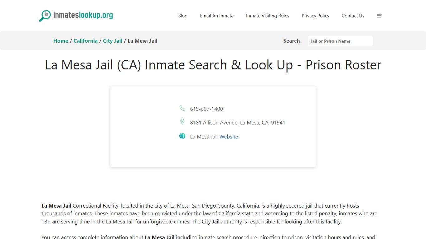 La Mesa Jail (CA) Inmate Search & Look Up - Prison Roster